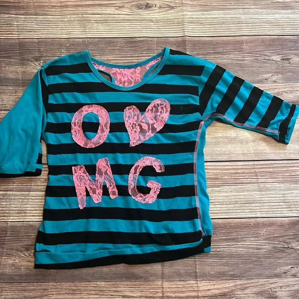 One Step Ahead Girls 10/12 OMG Lace Graphic Tee Teal Stripe 3/4 Sleeve Top
